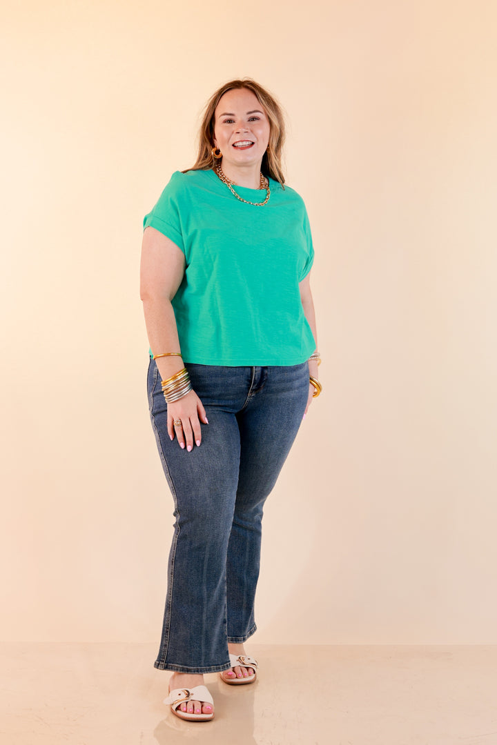 Laidback Luxe Rolled Drop Sleeve Relaxed Fit Basic Short Sleeve Top in Mint Blue