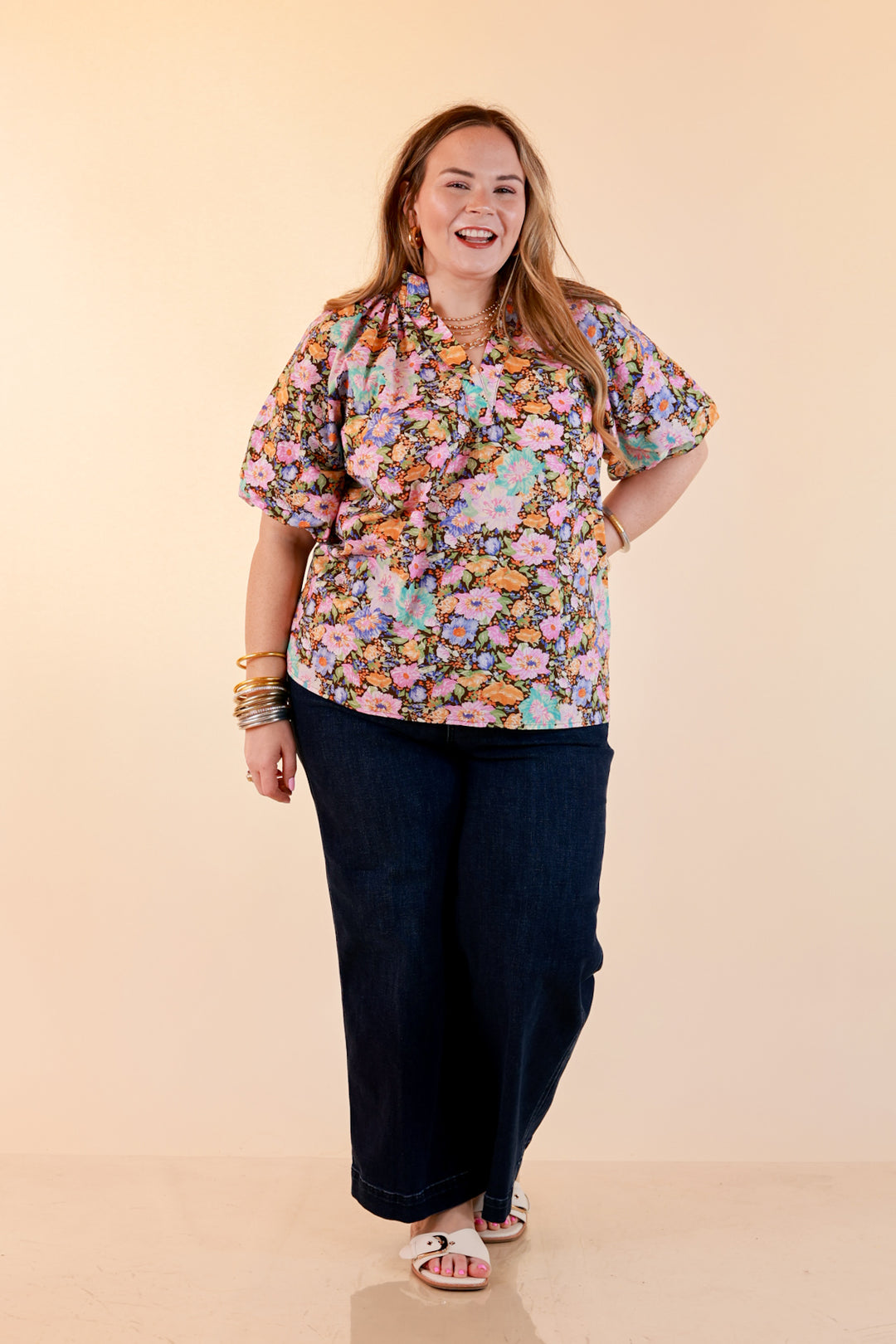 Blooming Beauty Floral Print V Neck Top with Smocked Neckline and Puff Sleeves in Multi Color