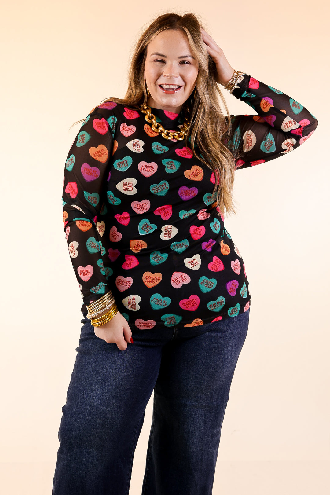 Sheer Confidence Western Theme Conversation Heart Print Mesh Long Sleeve Top in Black