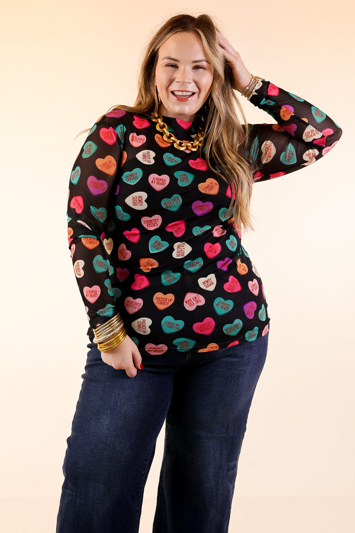 Sheer Confidence Western Theme Conversation Heart Print Mesh Long Sleeve Top in Black