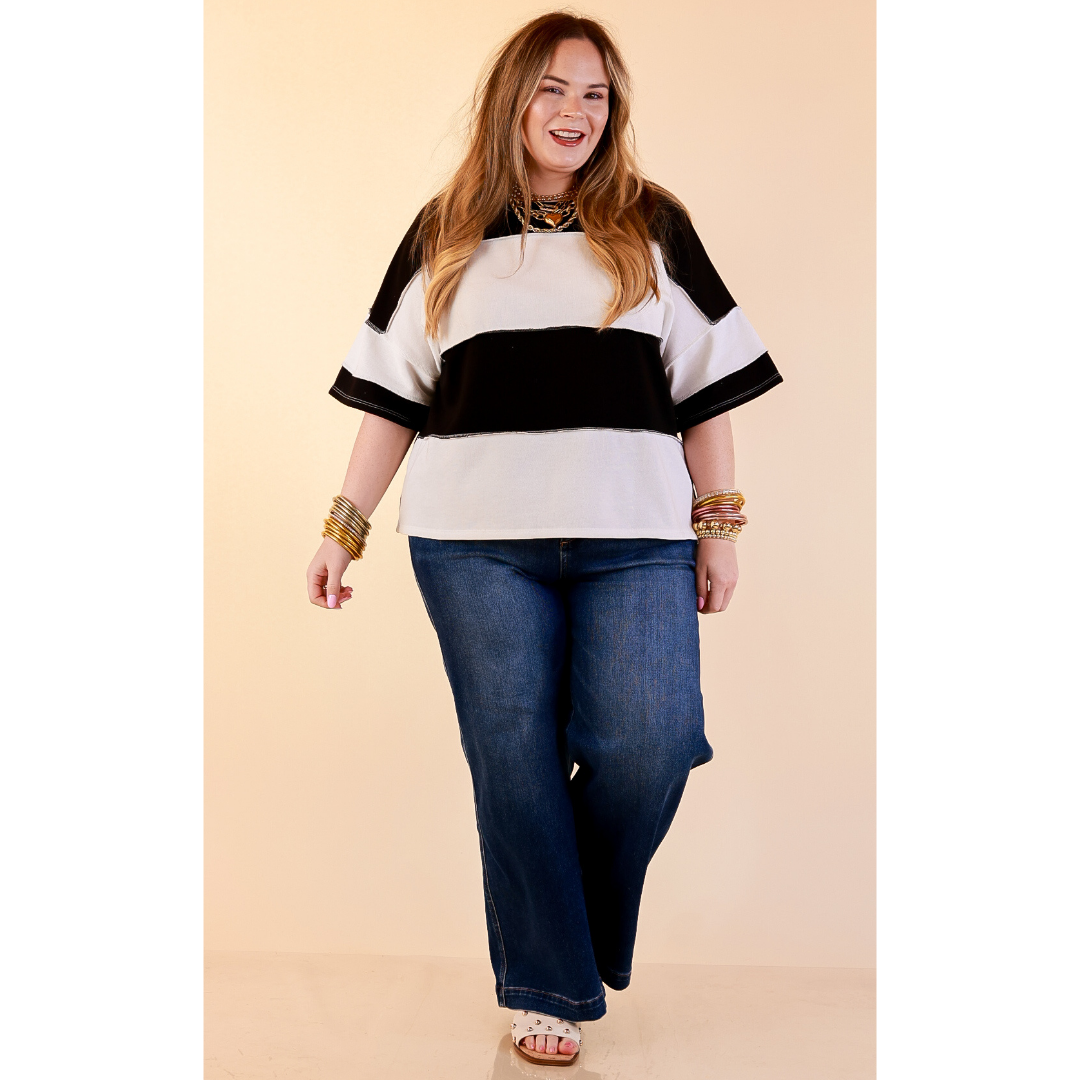 Simply Striking Color Block Rugby Style Wide Stripe Relaxed Short Sleeve Top in Black