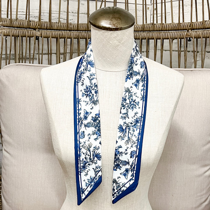 Blueberry Hill Toile Twilly Scarf in Blue and White