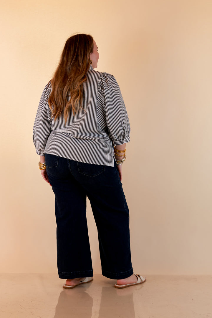 Crisp and Collected Stripe Button Front Collared Top with Puff Short Sleeves in Black and White