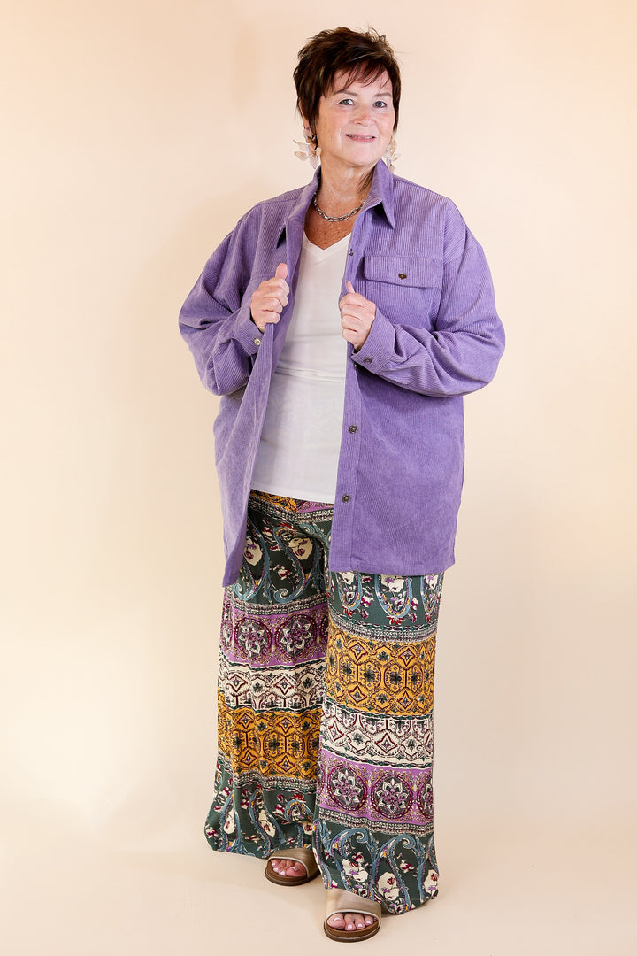 Latte Sips Button Up Corduroy Shacket in Dusty Purple