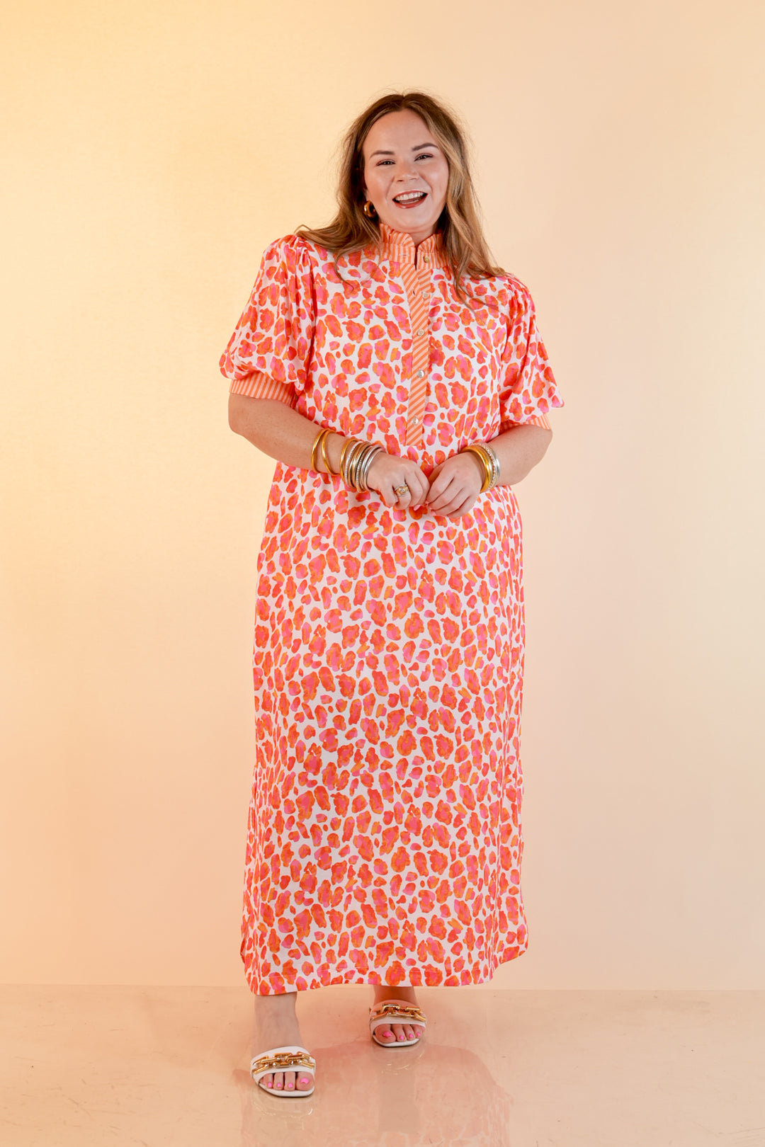 Feeling Extra Leopard Print Midi Dress with Stripe Contrast Collar and Puff Sleeves in Pink and Orange