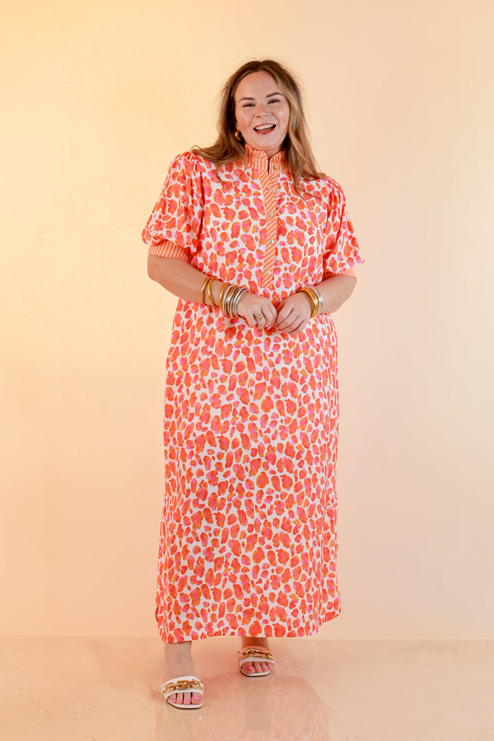 Feeling Extra Leopard Print Midi Dress with Stripe Contrast Collar and Puff Sleeves in Pink and Orange