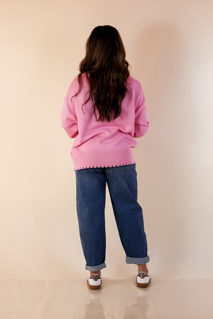 Simply Southern | Naturally Yours Knit Sweater with Navy Bow and Trim in Pink