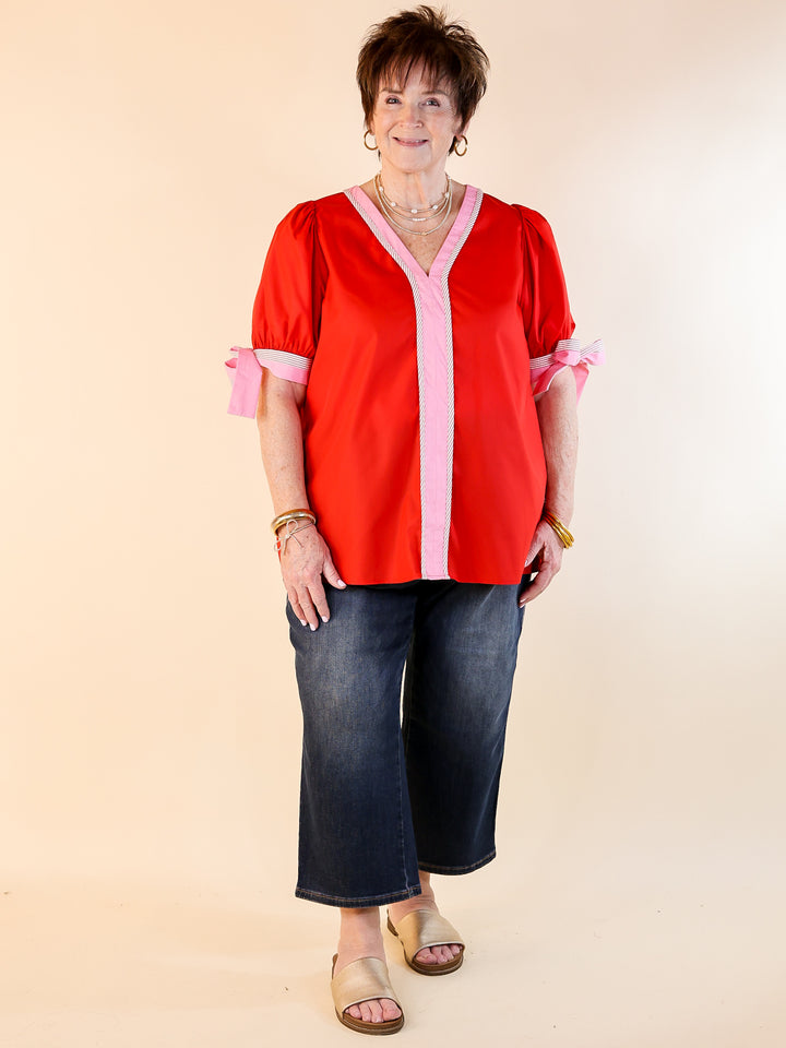 Last Chance Size Medium | Perfectly Poised V Neck Top with Short Balloon Sleeves with Bows in Red - ONLINE EXCLUSIVE