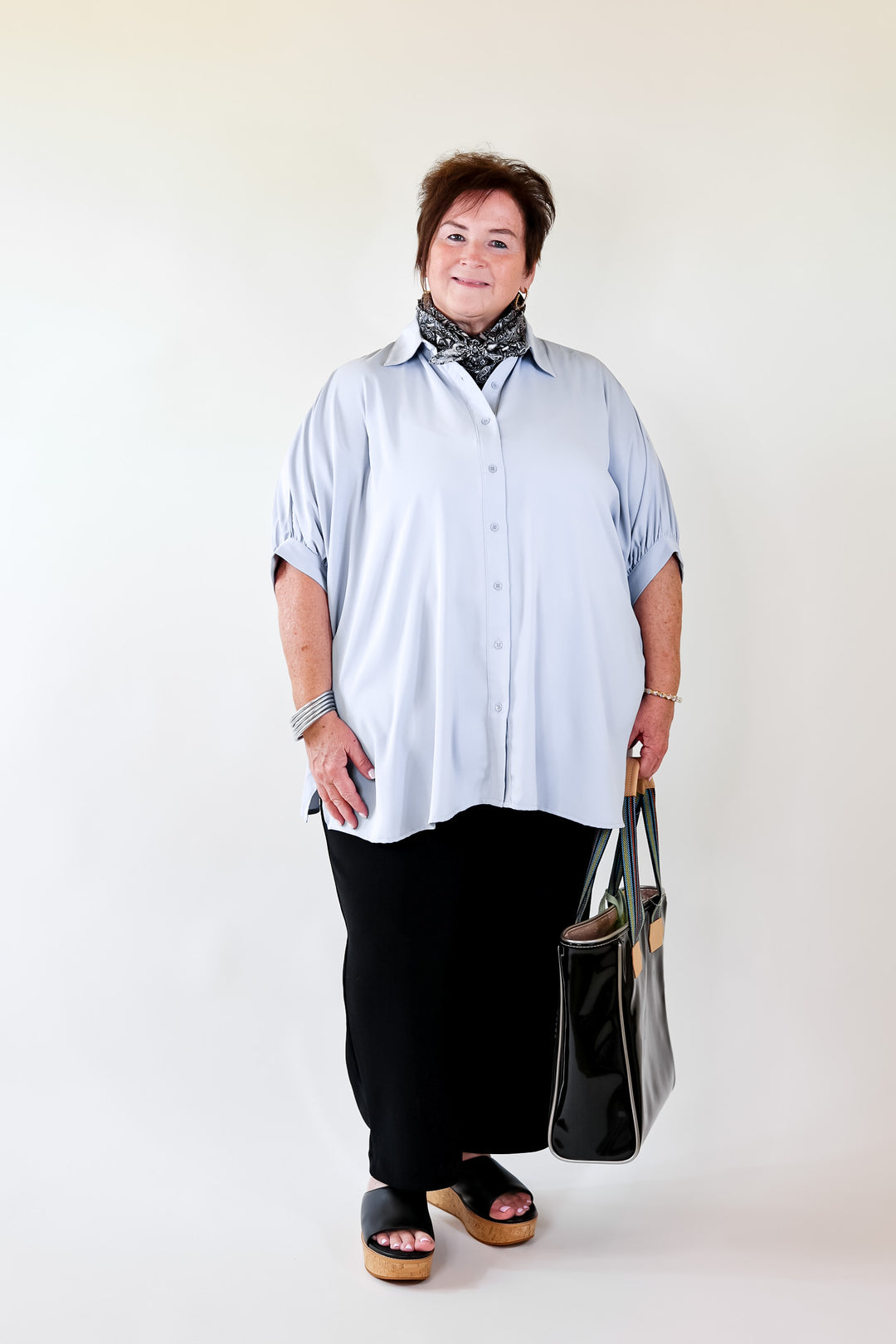 City Lifestyle Button Up Half Sleeve Poncho Top in Light Blue - Giddy Up Glamour Boutique