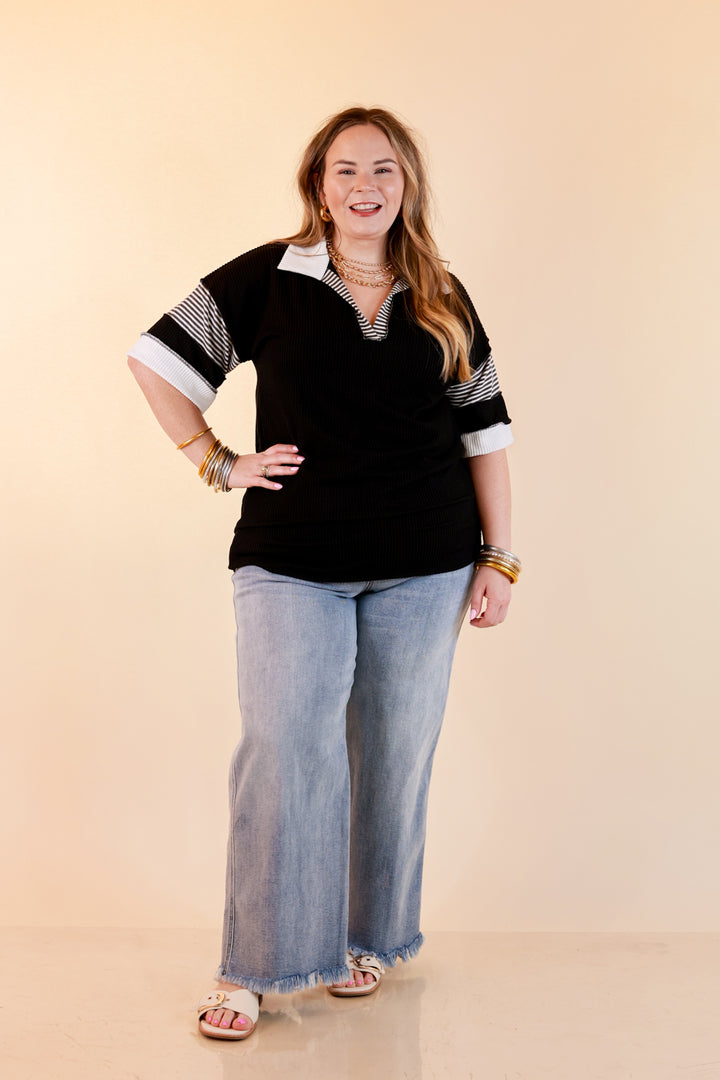 Chic by Design Ribbed Collared Top with Contrast Stripe Short Sleeves in Black