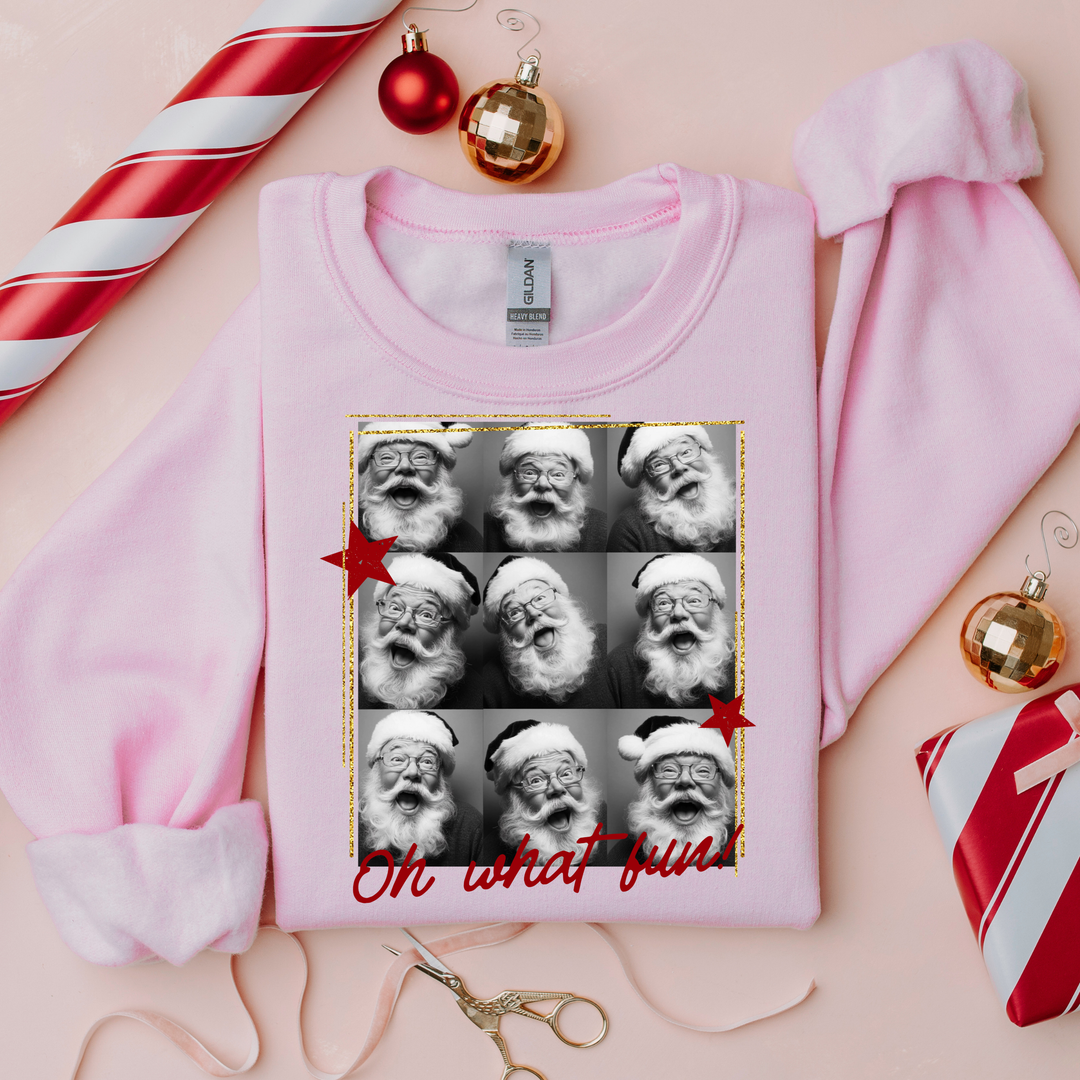 Custom Made to Order | Oh What Fun Santa Graphic Tee or Sweatshirt in Multiple Printing Options on Light Pink
