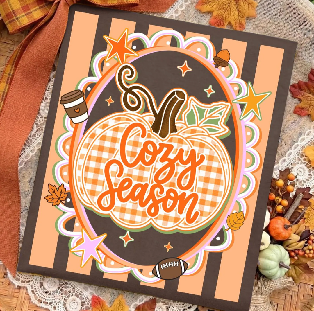 Custom Made to Order | Cozy Season Striped Pumpkin Graphic Tee or Sweatshirt in Multiple Printing Options on Brown