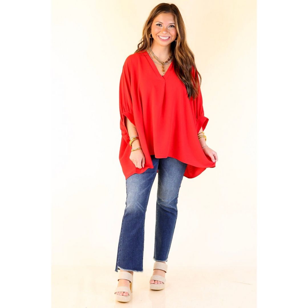 Elevated Basics V Neck Top with Half Sleeves in Ruby