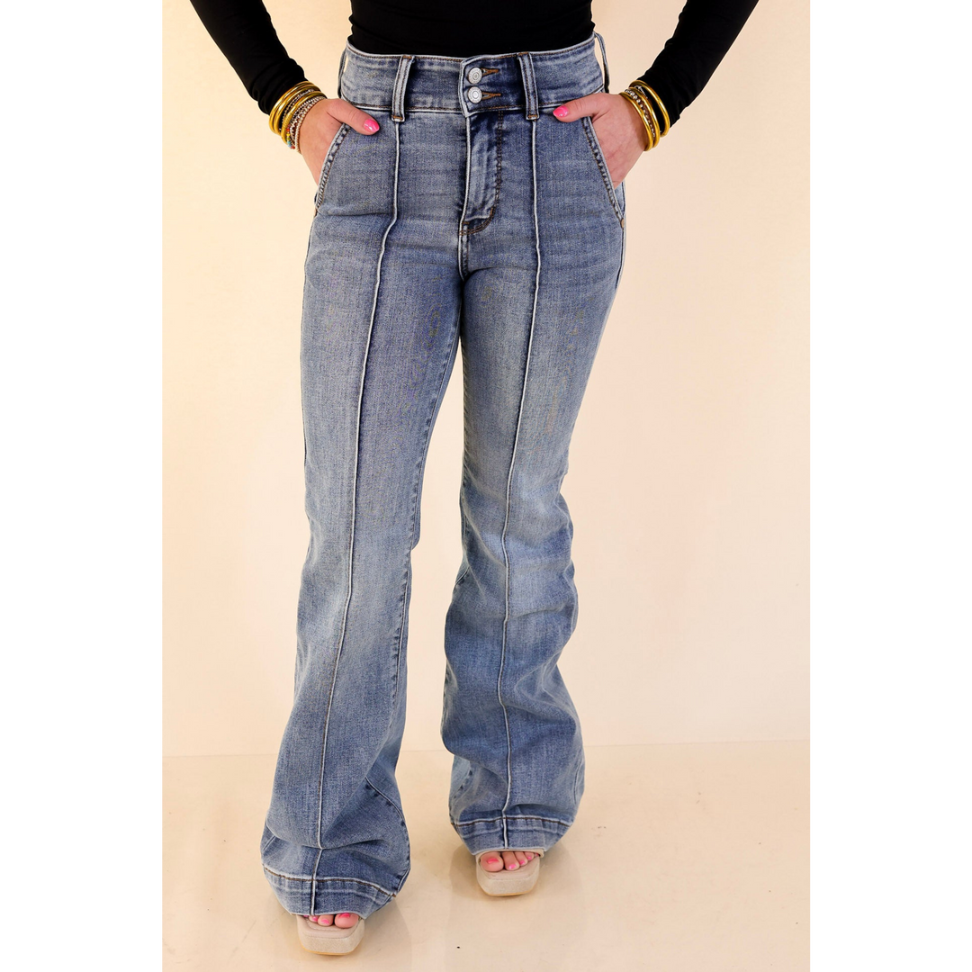 Judy Blue | Double Take Denim Trouser Flare Jeans with Seam Detailing in Medium Wash