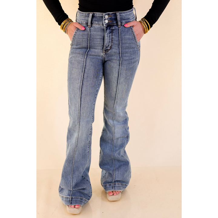 Judy Blue | Double Take Denim Trouser Flare Jeans with Seam Detailing in Medium Wash