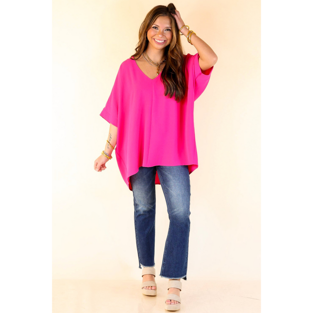 Classically Chic Short Sleeve V Neck Top in Hot Pink