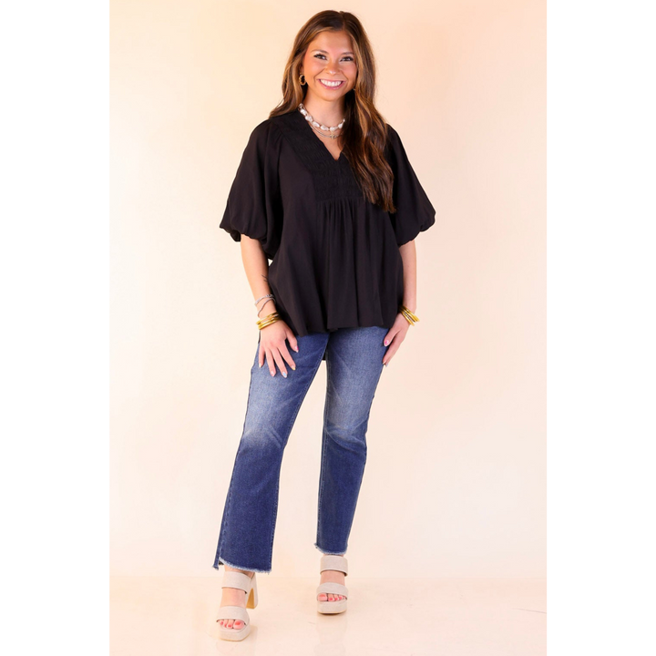 Crush on Classic Flowy Blouse with Smocked Yoke in Black
