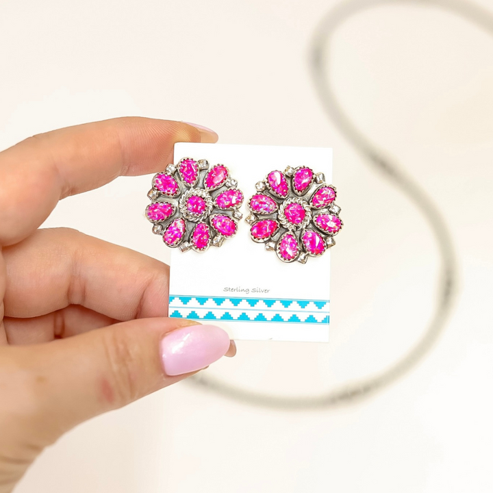 Navajo | Native American Handcrafted Pink Opal Flower Stud Earrings