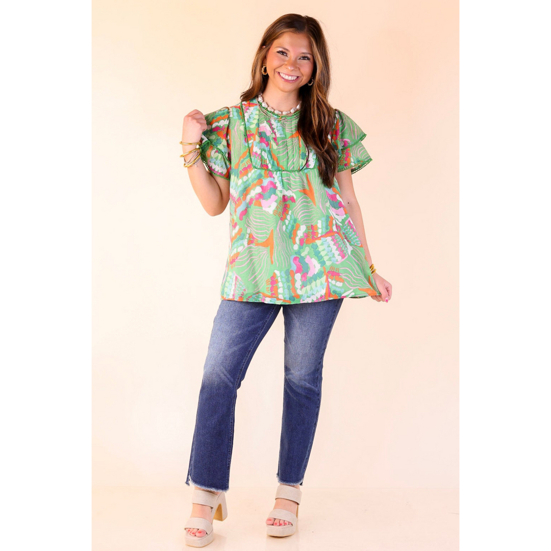 Lovely Dreams Abstract Print Blouse with Lace Detailing in Green