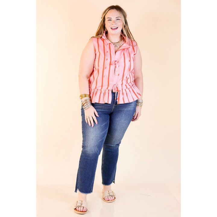 Bow Babe Striped Self Tie Peplum Blouse in Pink