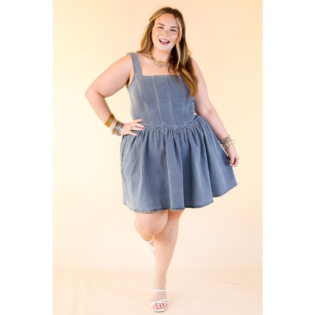 Flirt Factor Corset Denim Dress with Smoked Back in Denim