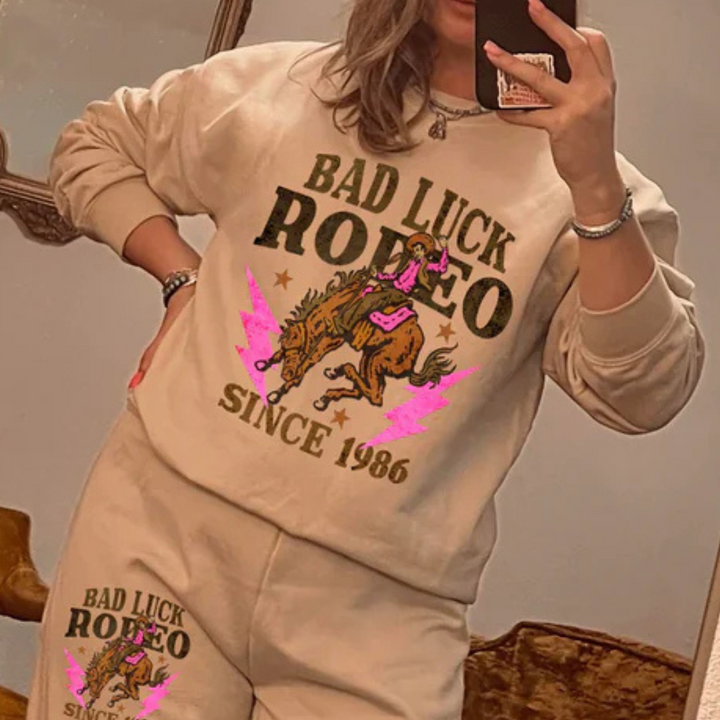 Online Exclusive | Bad Luck Rodeo Bucking Horse Graphic Sweatshirt in Beige Sand