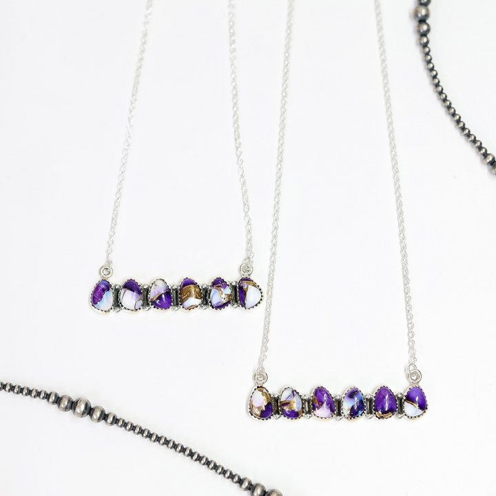 Hada Collection | Handmade Sterling Silver Stone Cluster Bar Necklace in Violet Rose Remix Stones