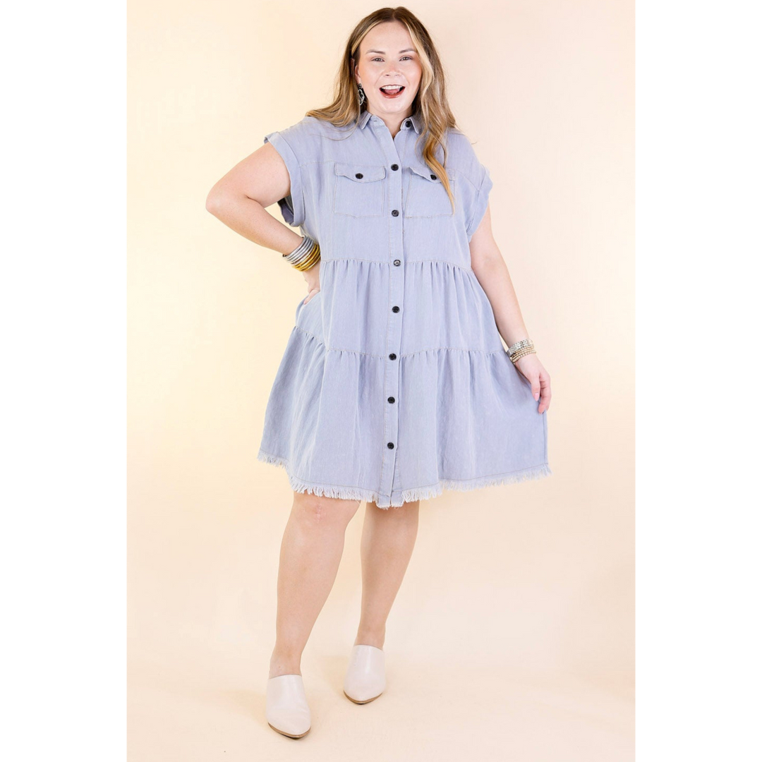 Oh Darling Ruffle Tiered Button Up Dress in Chambray Blue