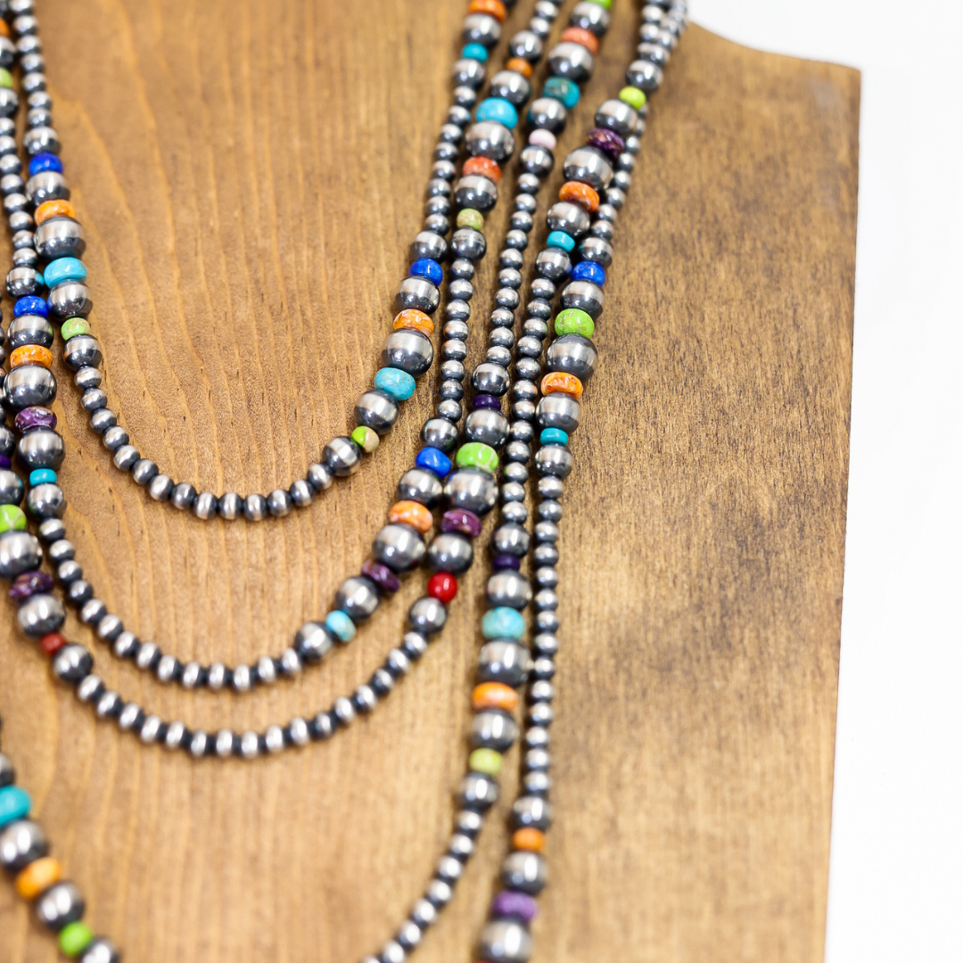 Navajo | Sterling Silver Hand Crafted Graduated Navajo Pearl Necklace with Multi Colored Stones | Varying Lengths