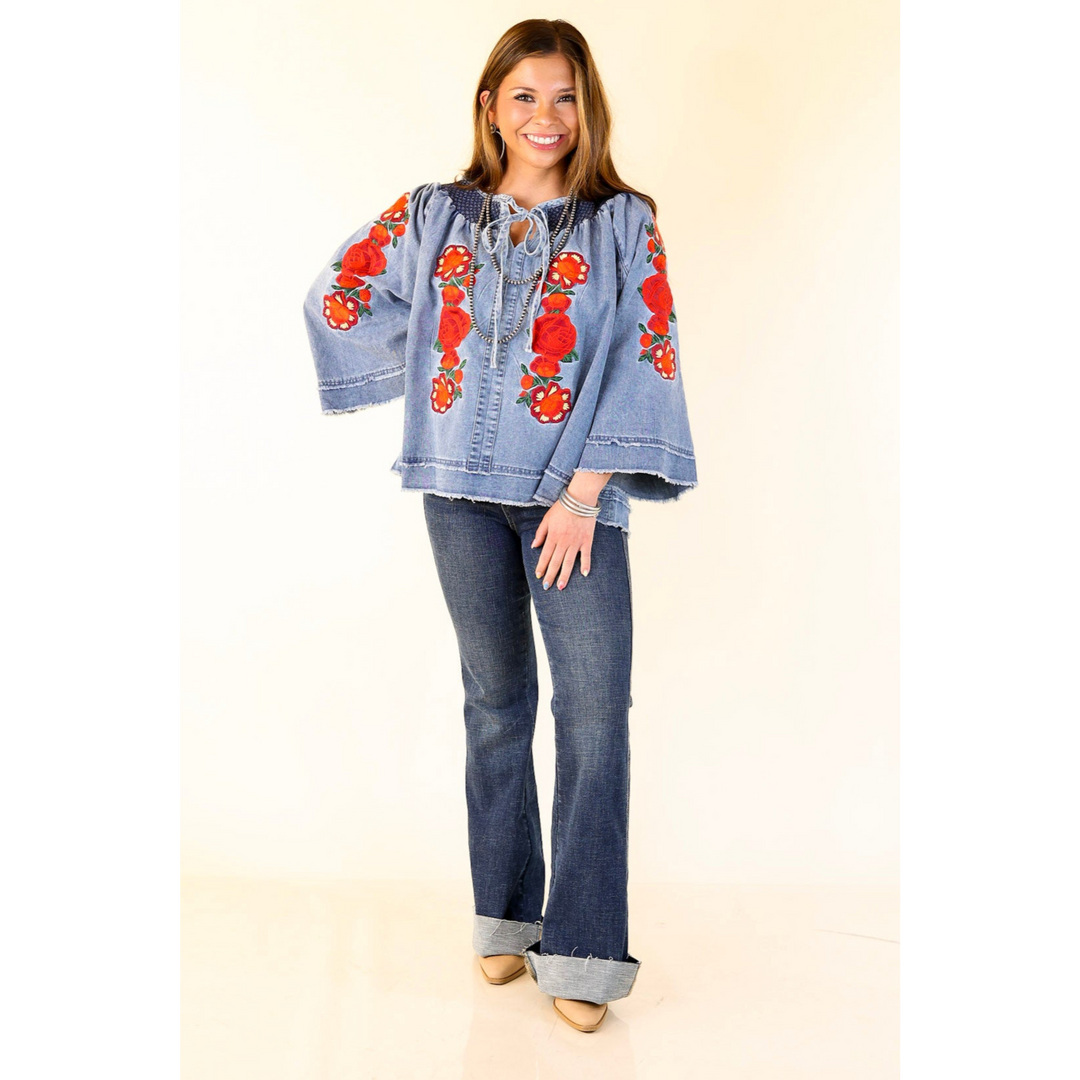 Rodeo Quincy | Tia Carmen Flowy Denim Blouse with Red Rose Embroidery