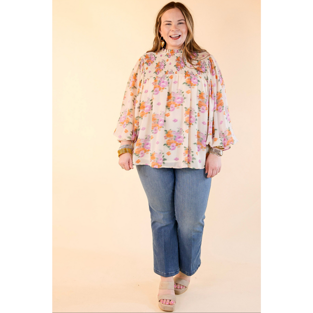 Garden Glow Watercolor Floral Print Blouse with High Neckline in Ivory