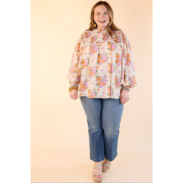Garden Glow Watercolor Floral Print Blouse with High Neckline in Ivory