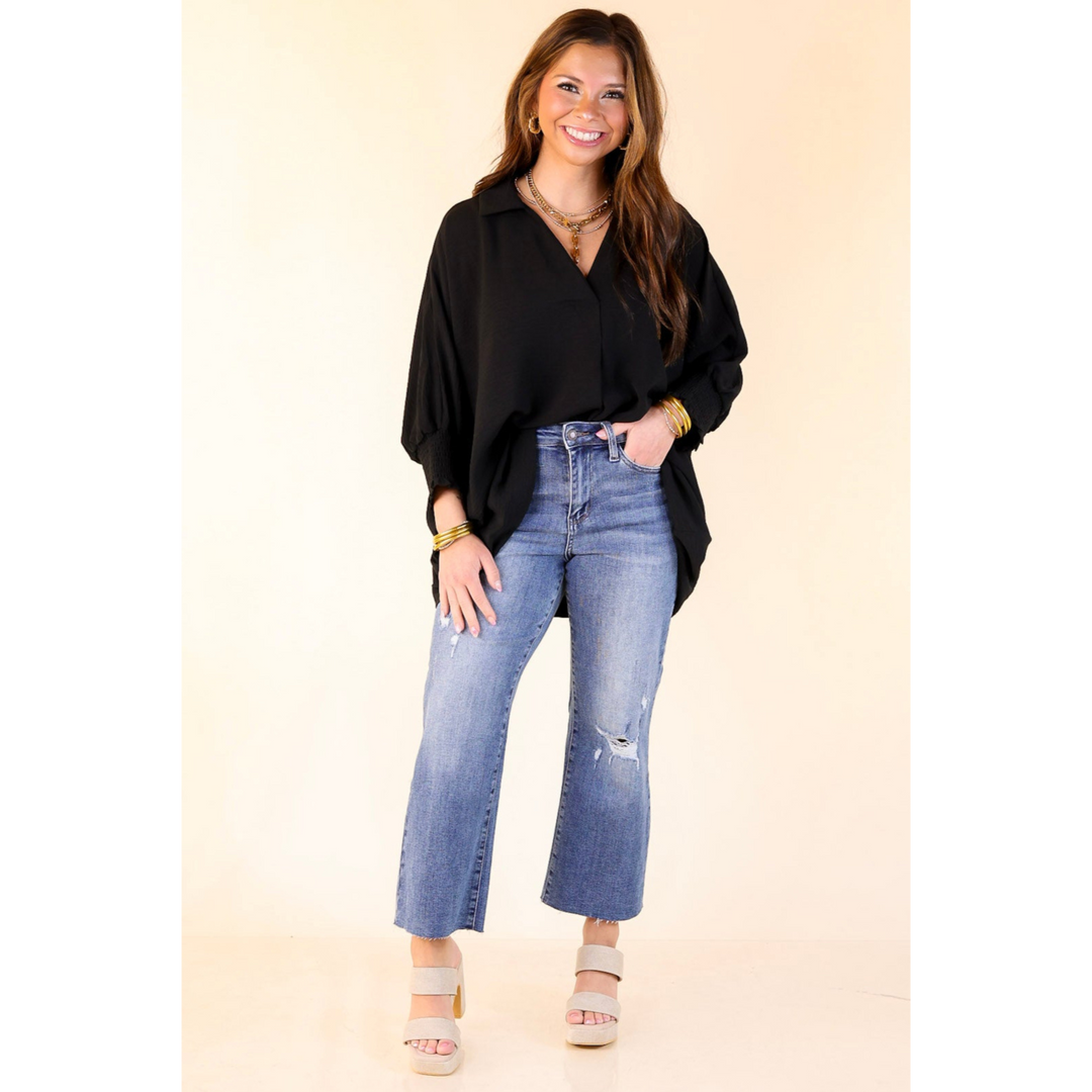 Spoken In Style Collared Blouse with Smoked Sleeve Band in Black