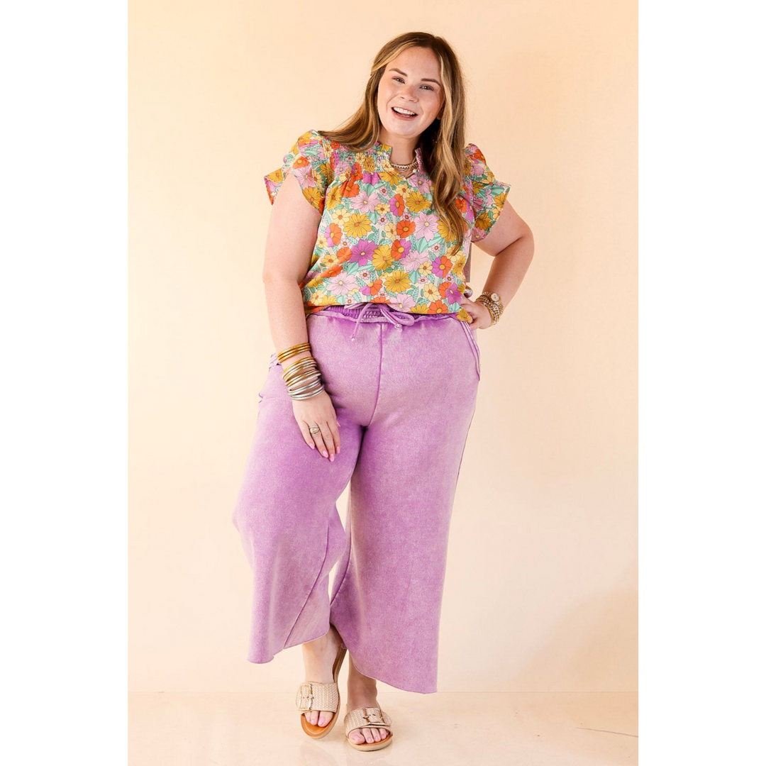 Cozy Girl Cropped Acid Washed Drawstring Pant in Violet Magenta