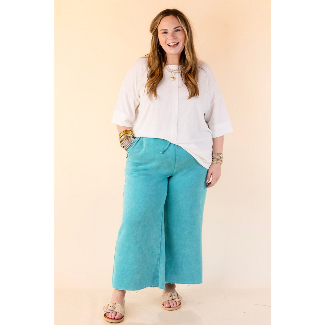 Cozy Girl Cropped Acid Washed Drawstring Pant in Turquoise Blue
