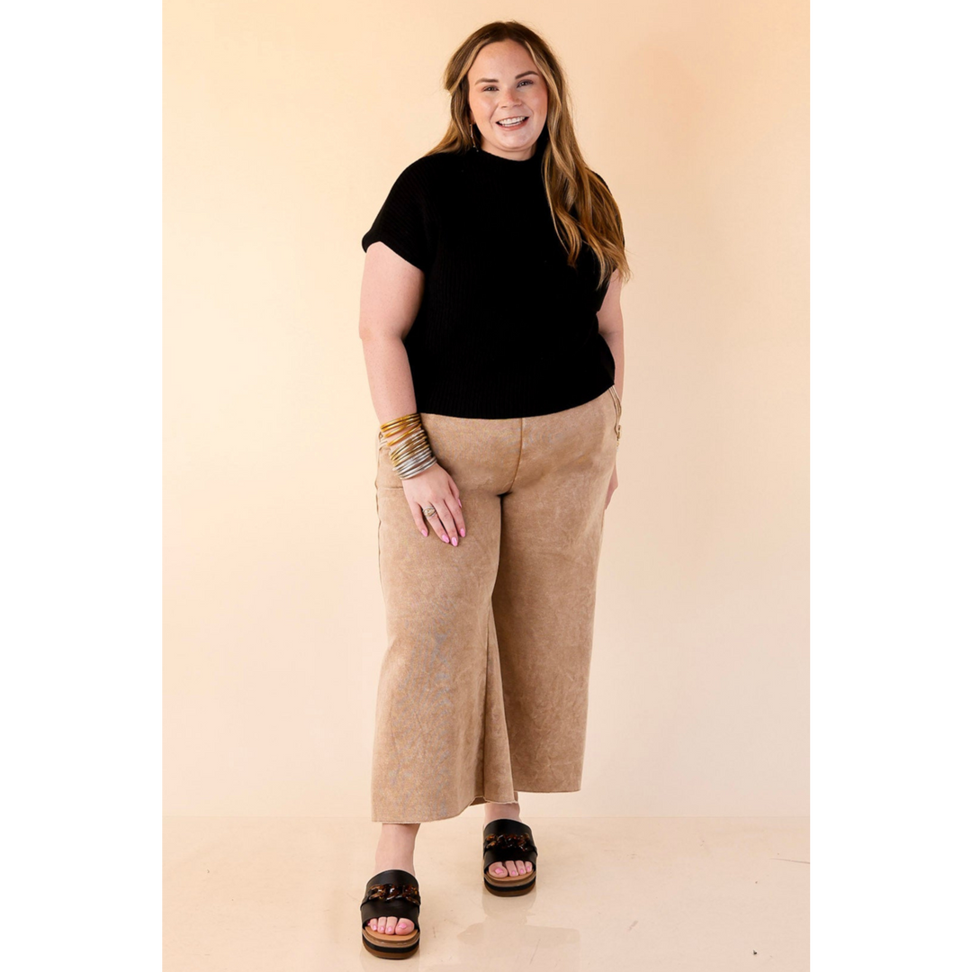 Cozy Girl Cropped Acid Washed Drawstring Pant in Caramel Brown