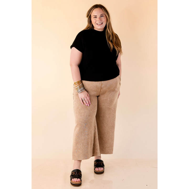 Cozy Girl Cropped Acid Washed Drawstring Pant in Caramel Brown