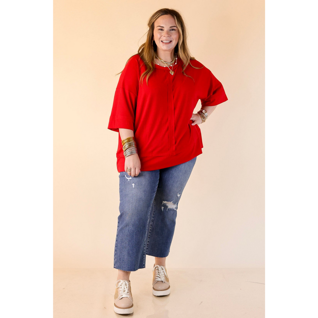 Subtle Spark Crew Neck Short Sleeve Shirt with Seam Detailing in Red