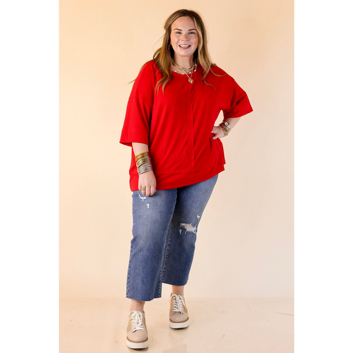 Subtle Spark Crew Neck Short Sleeve Shirt with Seam Detailing in Red