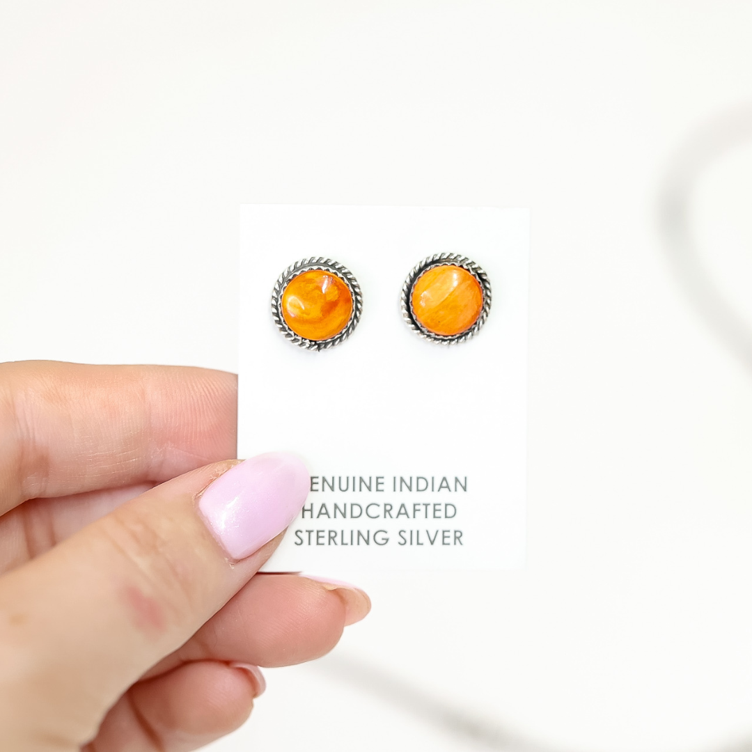 Navajo | Orange Spiny Oyster Stud Earrings with Sterling Silver Twist