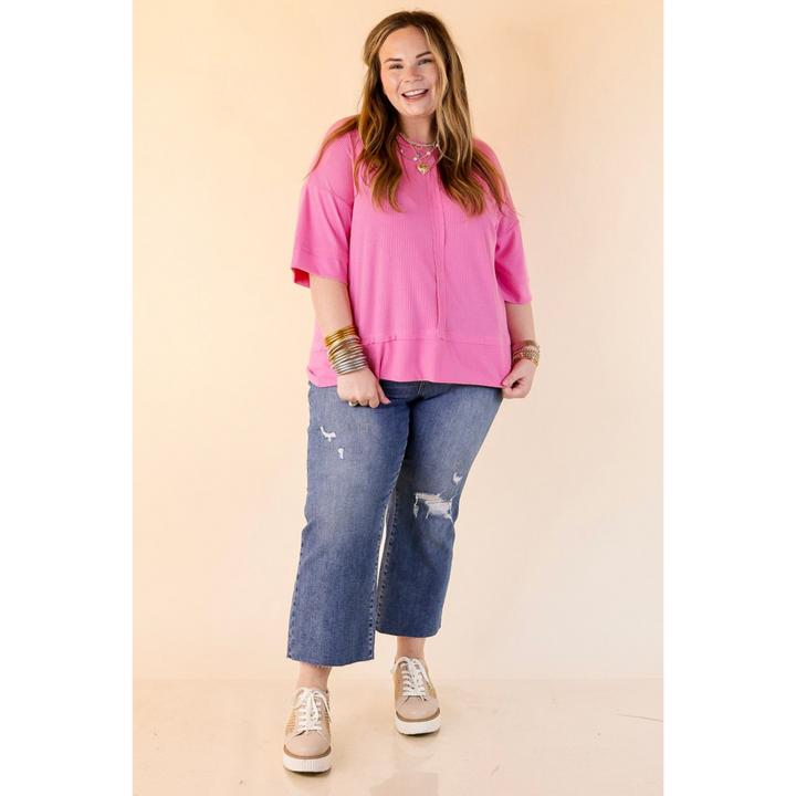 Subtle Spark Crew Neck Short Sleeve Shirt with Seam Detailing in Pink