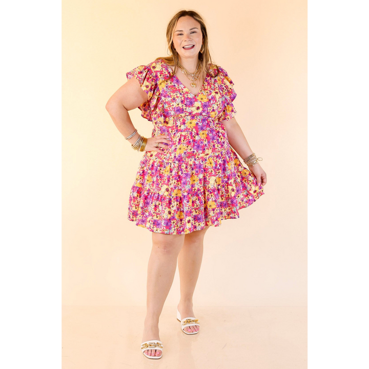 Blooming Beauty Floral V Neck Dress with Ruffle Cap Sleeves in Pink