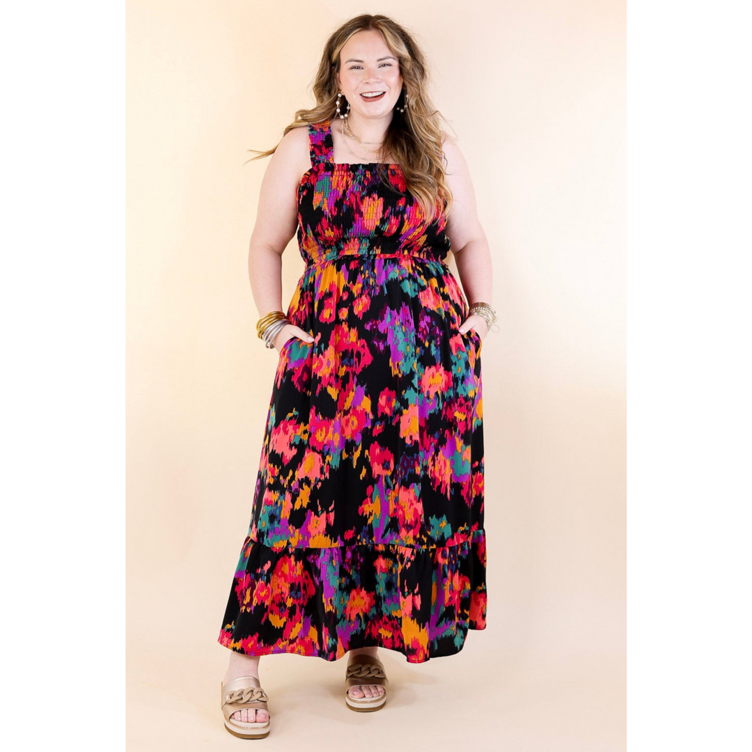 My Night Out Smocked Bodice Dress with Multicolor Abstract Print in Black