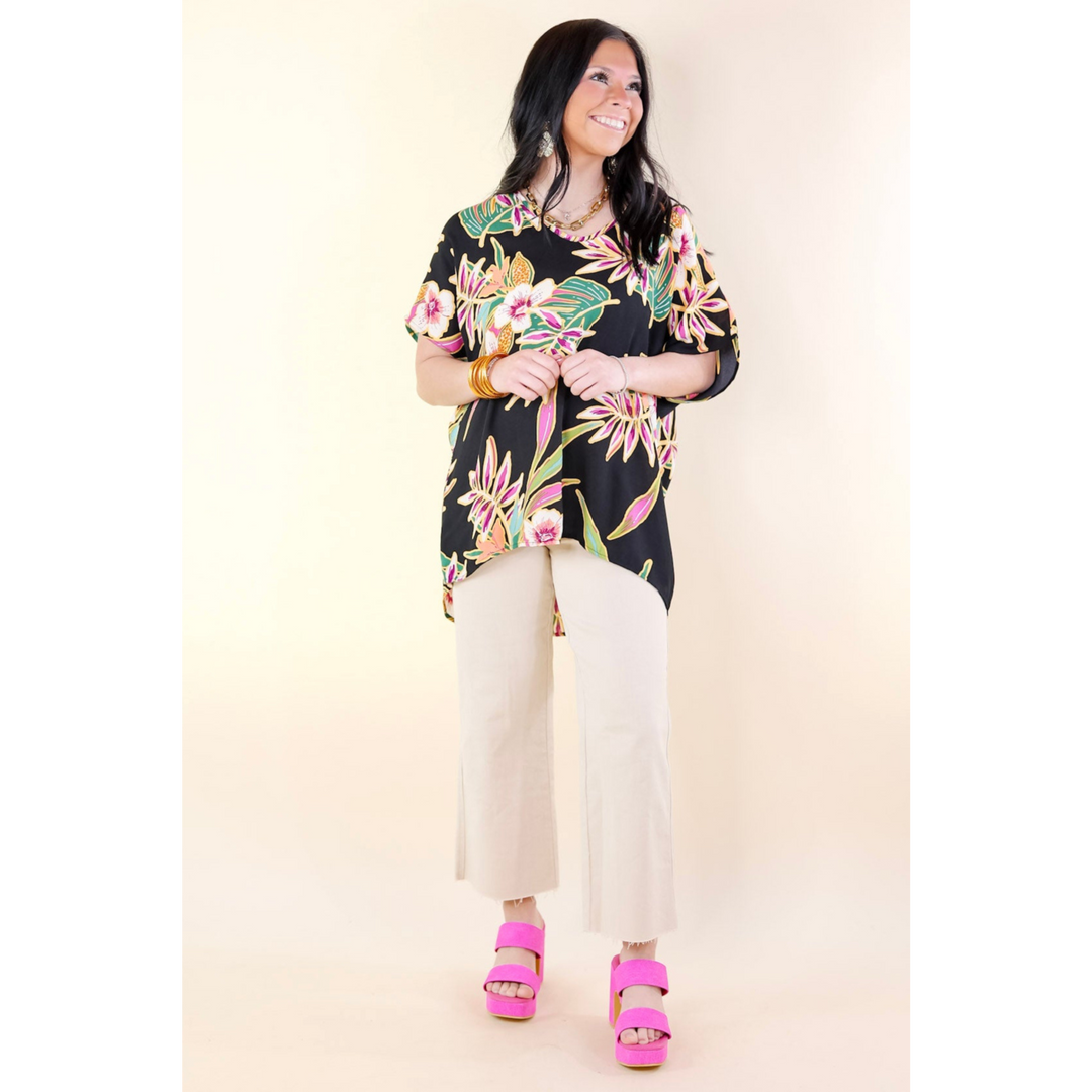 Island Oasis Tropical Floral Print Top in Black