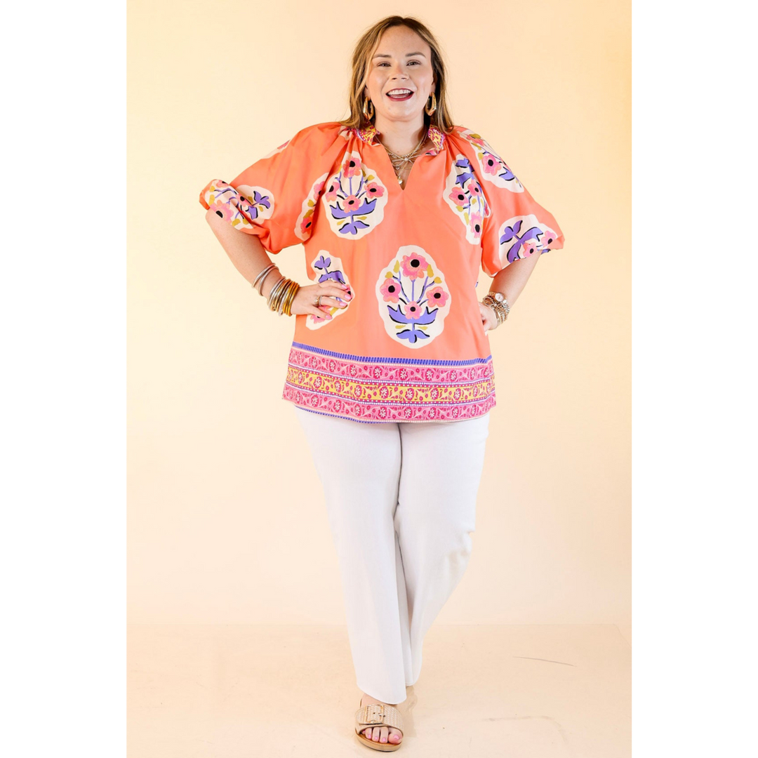 Twirling Tulips Floral Print A-line Top in Coral And Purple