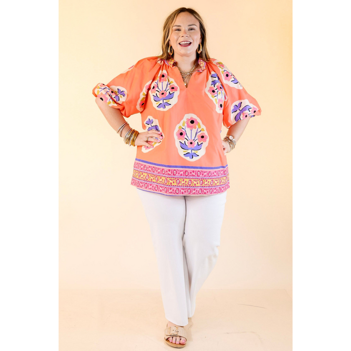 Twirling Tulips Floral Print A-line Top in Coral And Purple