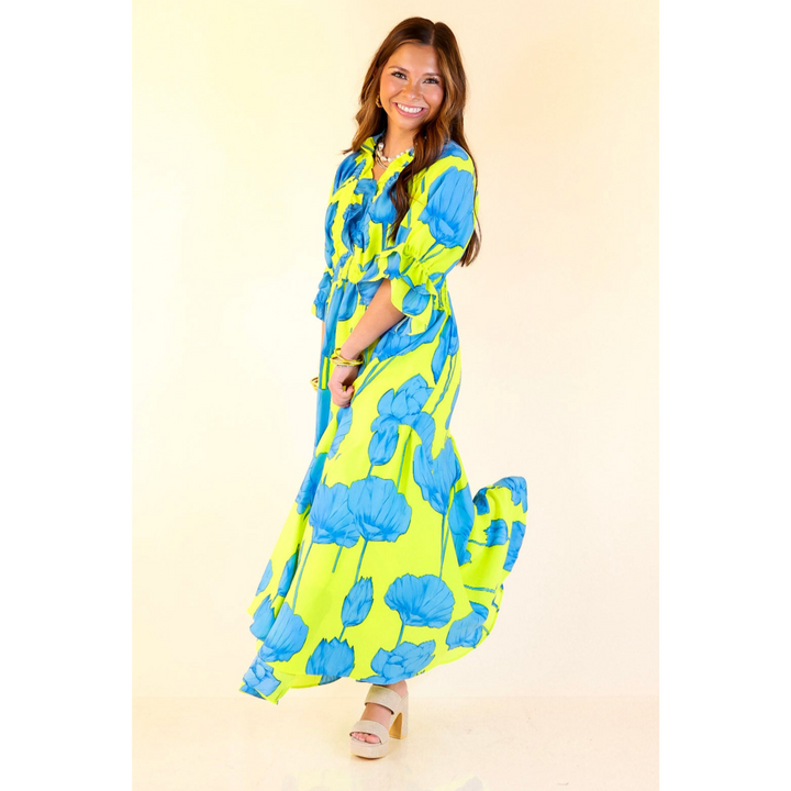Breezy Belle Maxi Floral Print Dress with Smocked Waist In Blue Lime