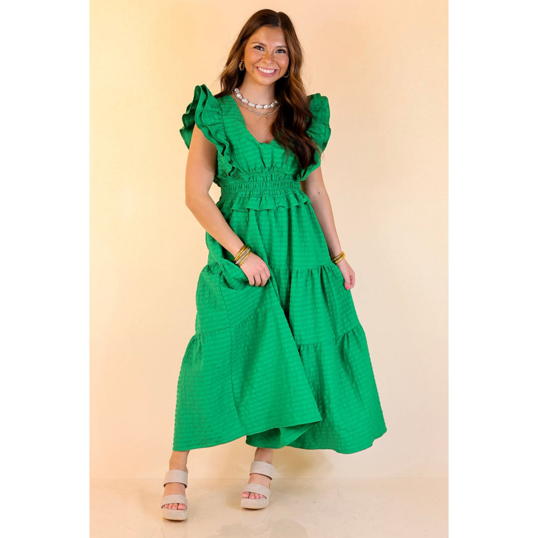 Tiered Maxi Dress with Smocked Waist and Ruffle Cap Sleeves in Green L Tiered Maxi Dress with Smocked Waist and Ruffle Cap Sleeves in Green L