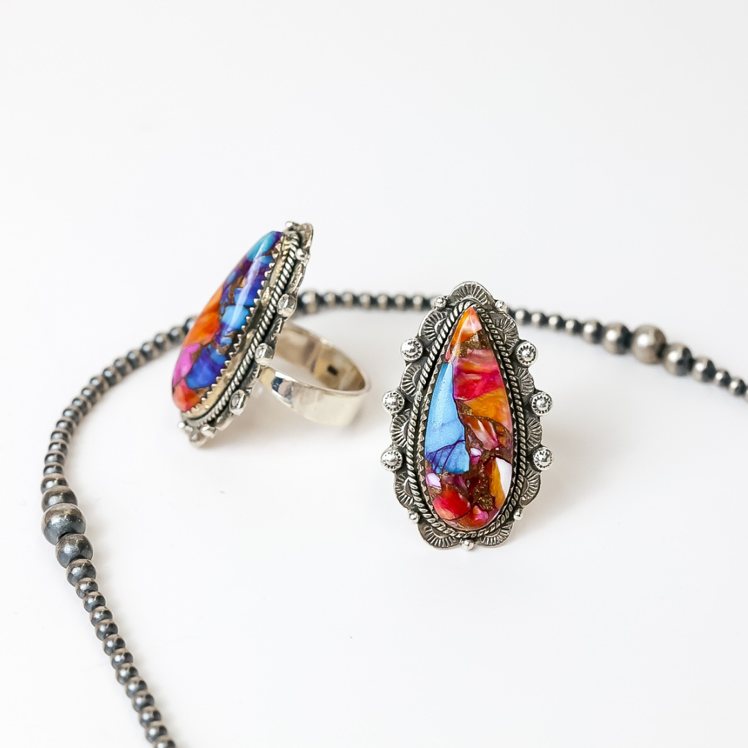 HaDa Collection | Handmade Adjustable Sterling Silver & Pink Dahlia, Spiny & Turquoise Remix Stone