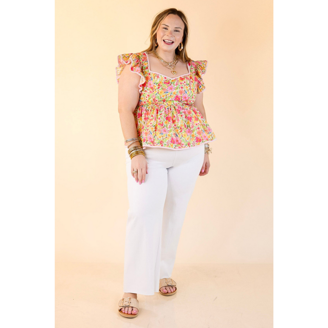 Sugar Petals Peplum Top with Ruffle Sleeves in Pink Floral